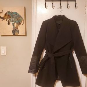 Black wrap coat with faux leather cuffs